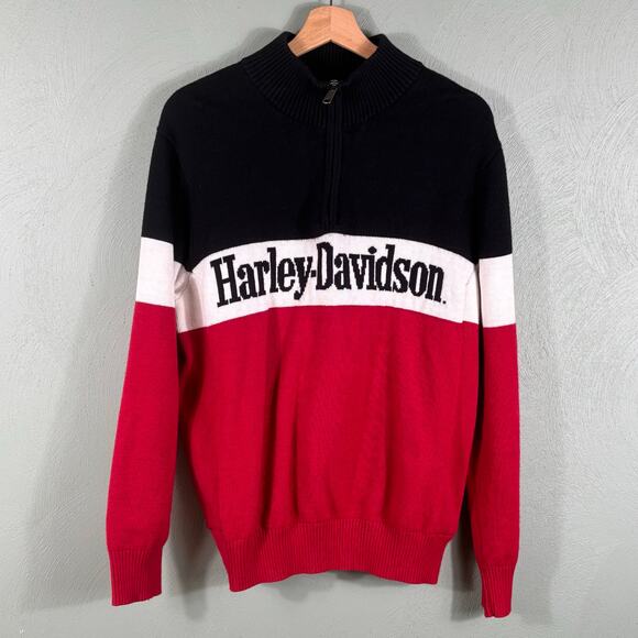 Harley Davidson Darting Sweater Men's Size Medium Color Block Tight Knit 1/4 Zip - Picture 8 of 9